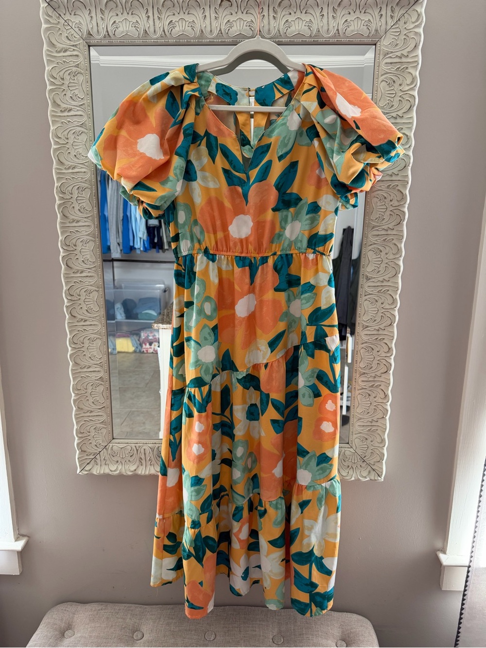 Umgee Yellow Floral Maxi Dress with Teal and White Accents